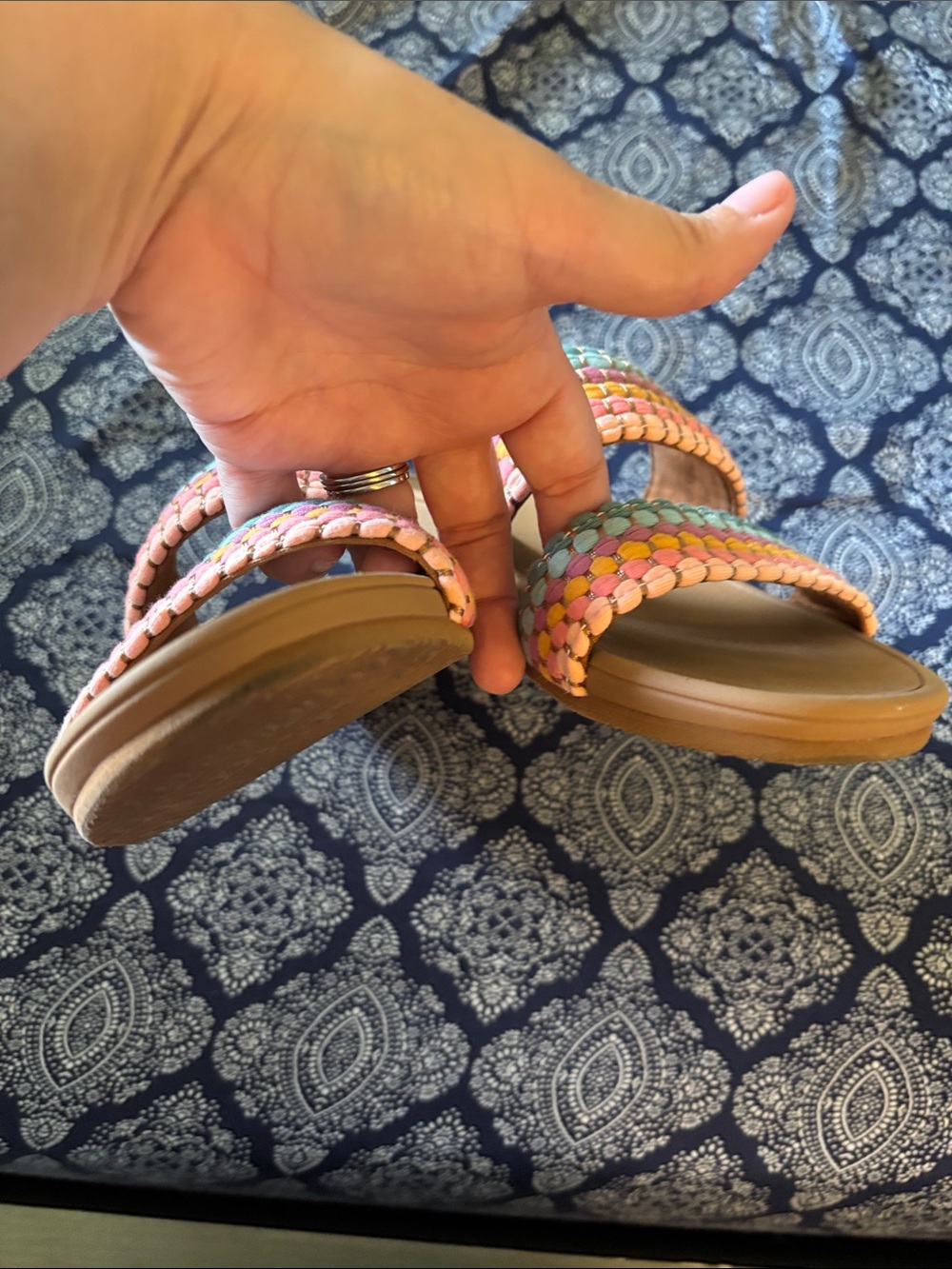 Reef Women’s Braided Double-Strap Slide Sandals in Tan with Pink, Coral & Mint - Picture 3 of 3